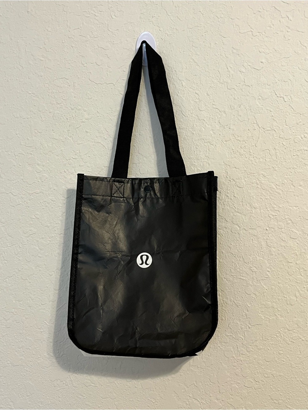 Lululemon Small Reusable Tote Bag Black White Logo Shopping Bag Snap Closure